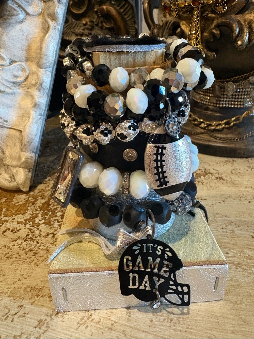 Womens Raiders Game Day Black & White Bracelet Stack